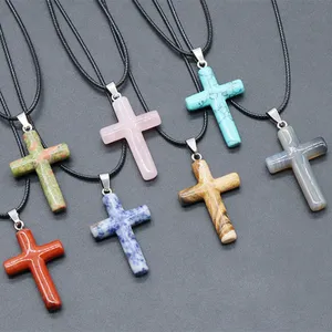 Natuursteen 40Mm Kruis Hanger Ketting Crystal Crucifix Agaat Rozenkwarts Hanger Voor Ornamenten