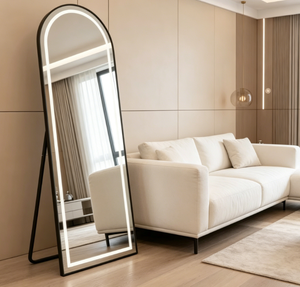 Arched <b>Plastic</b> LED Floor <b>Mirror</b> Touch Switch Full Length Vanity <b>Mirror</b> Freestanding Decorative Bathroom <b>Mirror</b> Custom Design - Product Image 2