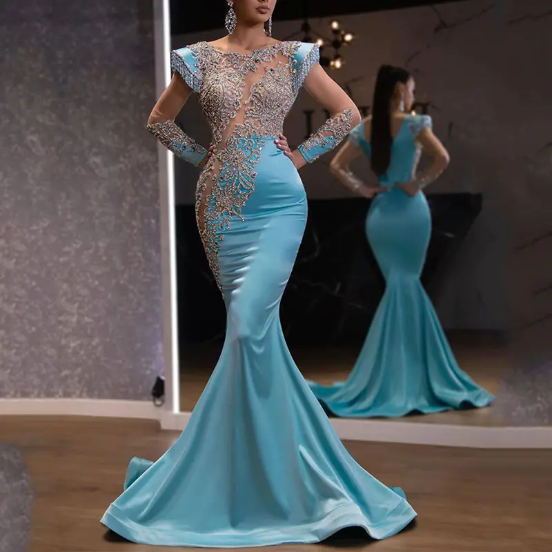 Women Elegant Lace Sequin Tight Fitted Fishtail Prom Maxi Party Evening Hollow Out Plus Size Dresses Bridal Gowns