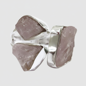 Bague pour femme en quartz rose naturel, pierre de naissance d'avril, triple pierre, réglable, bijoux faits à la main, bague en argent sterling 925 - Product Image 1
