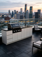 Îlot de cuisine extérieur naturel à texture diamantée, barbecue en acier inoxydable 5 brûleurs, plaque de cuisson 2 brûleurs, évier, armoire beige clair, grande taille