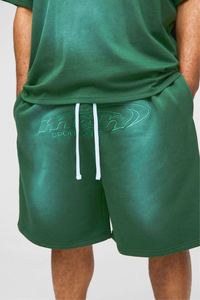 Green Plus OFCL Applique <b>Spray</b> Wash T-Shirt & Oversized Drop crotch Short <b>Set</b> Acid Wash Tracksuit - Product Image 3