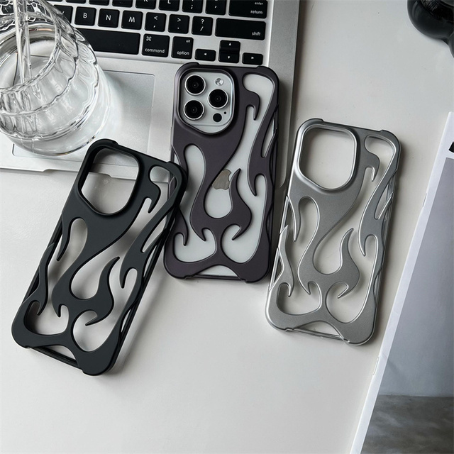 KINGSOUL Creative Electroplated Soft Back Cover Ins Style Fashion Matte 3D Hollowed Flame Pattern TPU Shockproof Phone Case