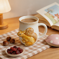 Tasse à café en céramique 3D en forme d'écureuil avec couvercle champignon rose, tasse à thé en porcelaine côtelée, figurine animale unique, vente en gros OEM ODM