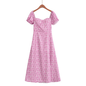 Vestido Midi Romántico de Gasa con Estampado Floral, Manga Casquillo, Escote Corazón, Corte A y Ajuste Ceñido, Ideal para Verano y Uso Casual - Product Image 6