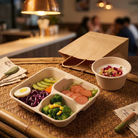 Boîte à lunch carrée 22,5x20cm en bagasse de canne à sucre biodégradable et écologique, plateau alimentaire à 3 compartiments avec couvercle, capacité 1000ml, compatible micro-ondes