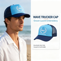 Casquette Trucker Thème Océan Wave Protect avec Broderie Couronne de Lauriers Personnalisée, Bleu Clair et Bleu Marine, en Mousse et Maille, Idéale pour la Plage