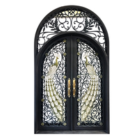 Puerta de Entrada Principal Exterior para Villa, Moderna, con Arco, Doble Acero, Diseño de Pavo Real Dorado, Anti-Robo, Acabado Galvanizado con Recubrimiento en Polvo