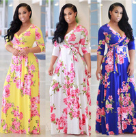 Mode d'été Europe et Amérique Femmes Robe longue à imprimé floral col en V Robes grandes tailles pour femmes