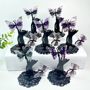 Farfalla in Pietra Preziosa con Due Paia di Ali <span class=keywords><strong>e</strong></span> Supporto a Forma di Gatto Nero, Articolo in Cristallo per Decorazione <span class=keywords><strong>e</strong></span> Regalo - Product Image 1