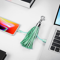 Penjualan laris gantungan kunci rumbai kulit PU 2 in 1 & 3 in 1 dengan kabel Charger USB jaket nilon untuk perangkat IOS dan komputer