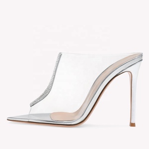 Big Size 46 Peep Toe PVC Women Summer Stiletto Sandals High Thin Heels Rhinestone Dress Mules <b>Shoes</b> - Product Image 4