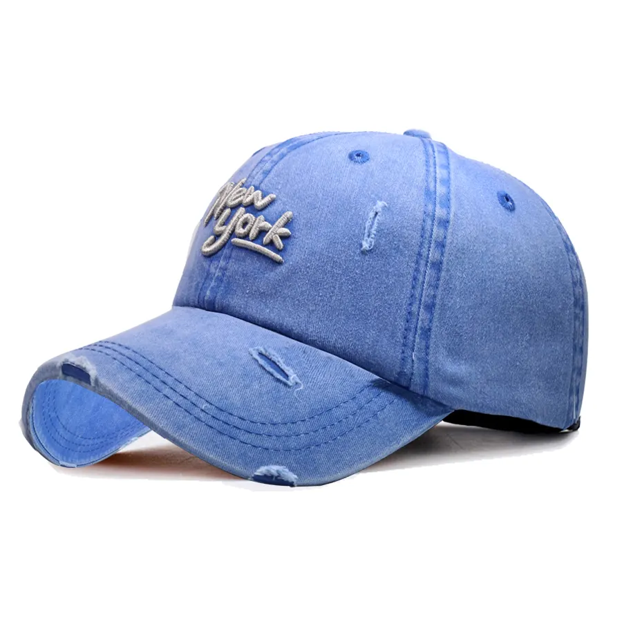 Benutzer definierte New York Stickerei 6 Panel Denim Distressed gewaschene Vintage Baseball Cap Gorras Jeans unstrukturierte Papa Hut