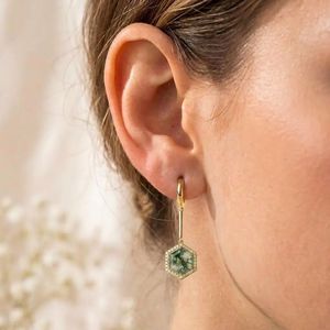 Natural Moss Agate Gemstone <b>Earrings</b> Hexagon Cut <b>Dangle</b> <b>Earrings</b> with Cubic Zirconia Accent in Sterling Silver or 18K <b>Gold</b> - Product Image 3