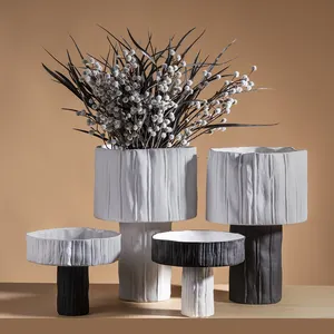 Merlin kırışıklık tasarım meyve ayaklı vazo çiçek ayaklı kompostosu seramik siyah ve beyaz lüks porselen nordic çiçek saksıları için