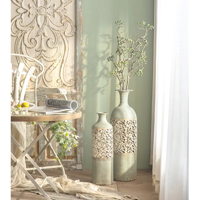Grands vases de sol décoratifs floraux en métal rétro, style floral classique vert, décoration de maison et d'hôtel, pièces antiques
