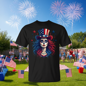 Camiseta para mujer con diseño de calavera de azúcar y bandera estadounidense del 4 de julio - Product Image 3