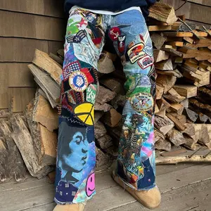 Denim Clothing Manufacturer High Quality Wholesale Custom Patchwork Jeans Printed Multi-color Pants New Fashion Trend