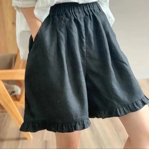 Cotton Linen Shorts Women Green <b>Elastic</b> Waist Wide Leg Ruffled Edge Casual Summer Pants QY518 - Product Image 5