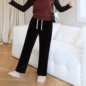 กางเกงขากว้างมีเชือกรูดของผู้หญิง runqi กางเกงตรงหนาหนาไซส์ใหญ่พิเศษสีดำสำหรับฤดูใบไม้ร่วงฤดูหนาว N8491 - Product Image 2