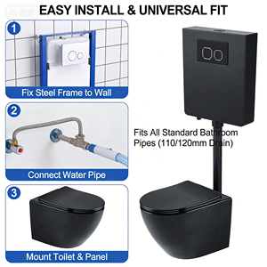 Système de support de réservoir mural dissimulé en céramique noire avec siège à fermeture douce pour cuvette allongée. - Product Image 6