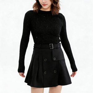 Minifalda plisada negra de cintura alta para mujer, <span class=keywords><strong>con</strong></span> doble botonadura, cinturón, bolsillo asimétrico, estilo casual, corte en A - Product Image 1