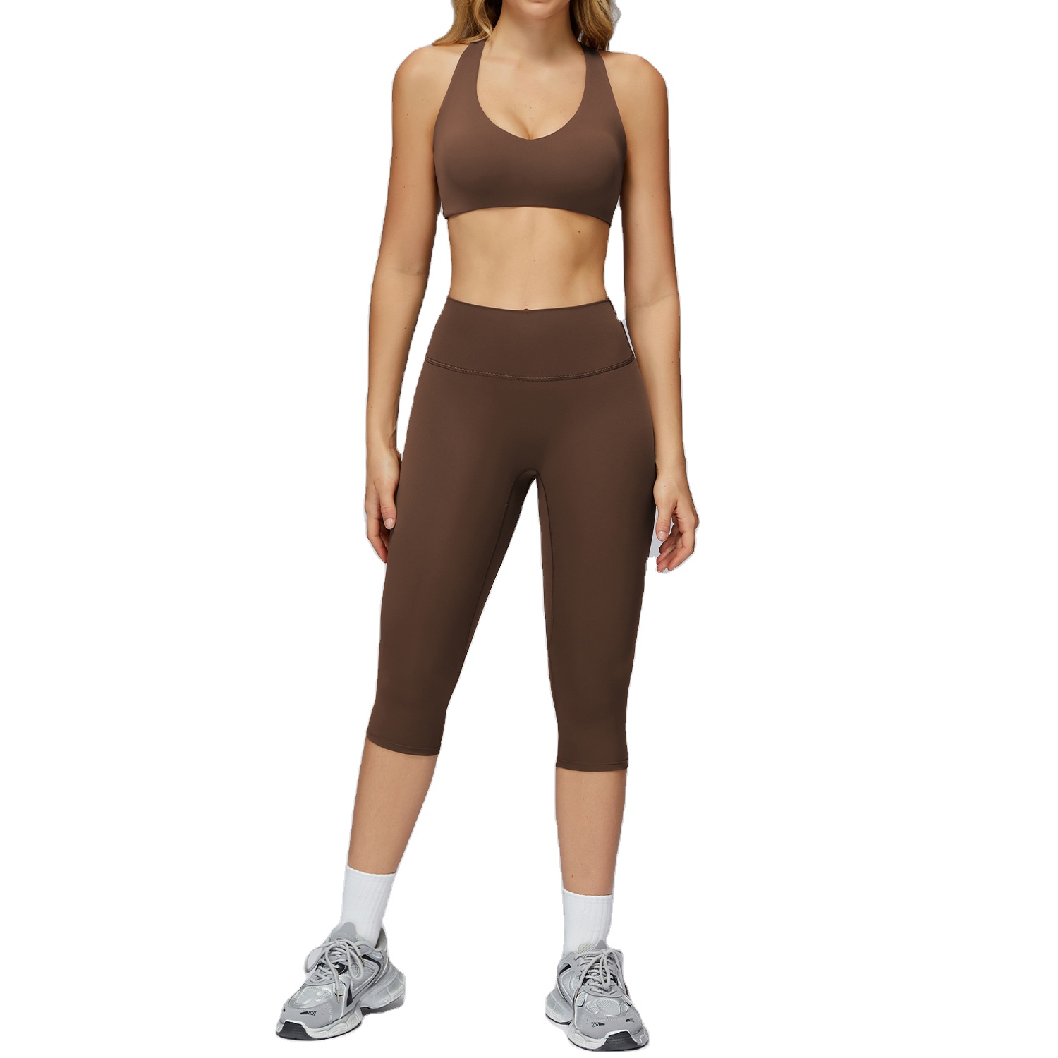 Women's Active Running Training Yoga Breathable Compression Racer Back Solid Pattern Sports Bra and Capri Leggings Set S-XL