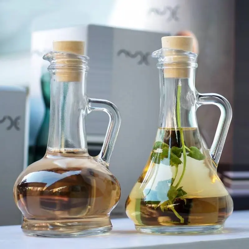 9oz glass oil and vinegar cruet with cork lid, clear glass sauce water, olive oil pouring glass bottle with handle