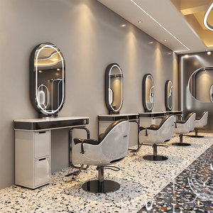 Miroir de Salon Moderne en Acier sur Pied, Table Coiffure Simple Face Effet Marbre, Poste de Travail pour Studio de Beauté - Product Image 1