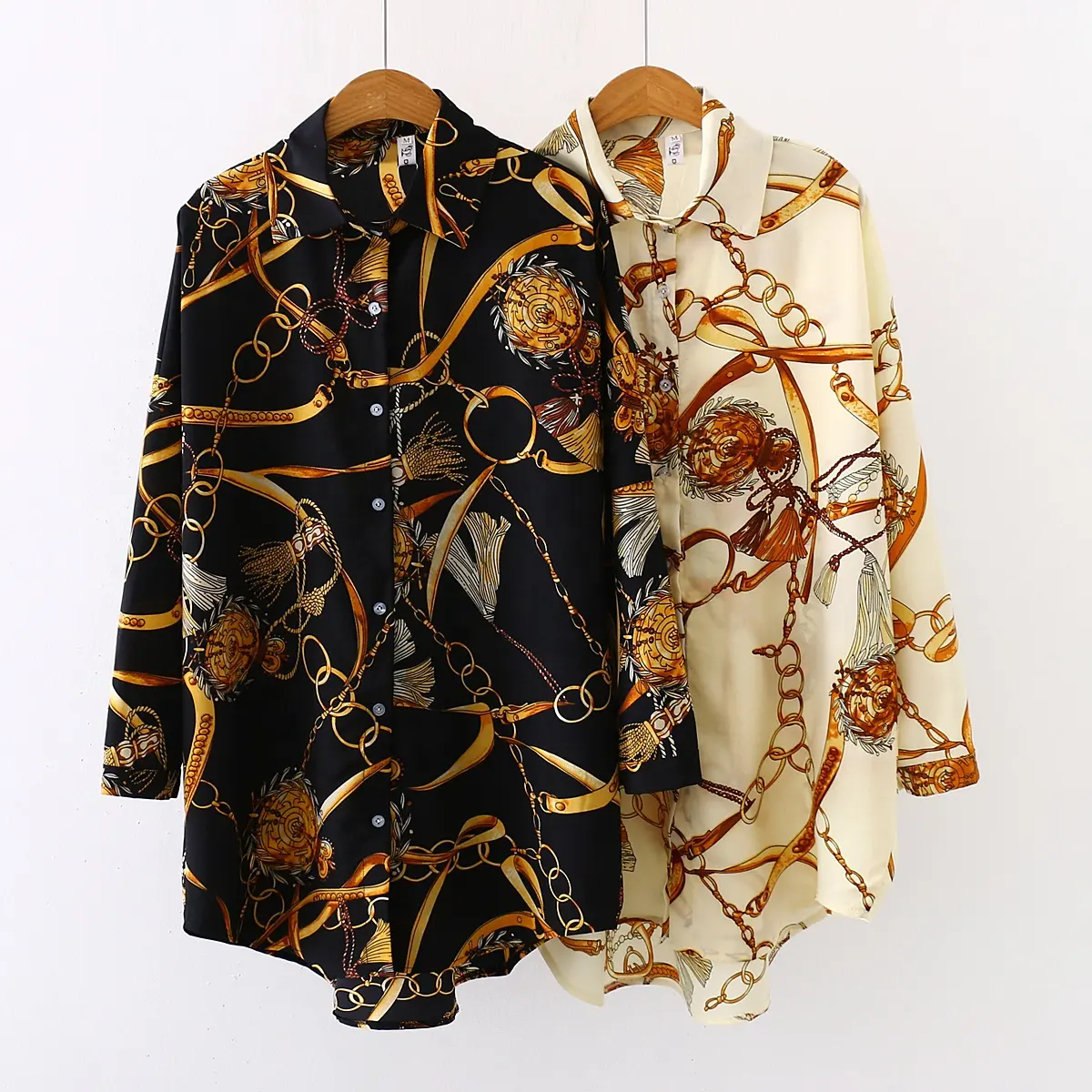 2021 Summer Casual Shirts Chain Print Blouses Chiffon Streetwear Tops Women Autumn Elegant Tunic Button Up Oversize Shirt Dress