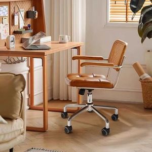 Retro Style Rattan Office <b>Chair</b> Swivel Design For Home Office <b>Study</b> Bedroom Use - Product Image 3