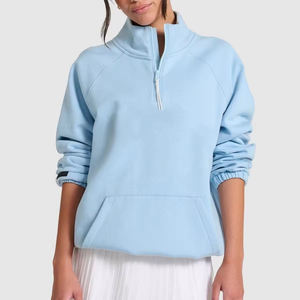 Pull à col montant en terylène doux pour couples, printemps 2026, 1/4 de zip, bleu ciel, simple, avec poche kangourou - Product Image 6