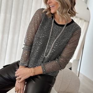 Le plus récent chemisier à doublure avant personnalisé argent Crochet matériel T-shirt à manches longues paillettes transparentes coupe ample encolure ronde haut - Product Image 2