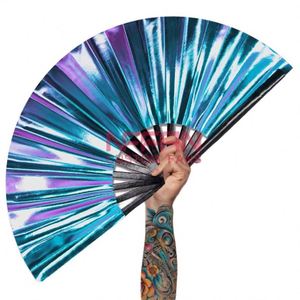 Ventiladores de mano grandes de bambú cromáticos iridiscentes de gran venta, abanicos sonoros para fiestas de baile - Product Image 1
