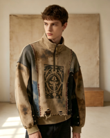 Sweat-shirt court à demi-zip, style streetwear, patchwork, effet délavé soleil, imprimé totem, coupe usée