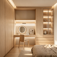 Armoire modulaire en bois massif sur mesure avec coiffeuse intégrée et miroir, design moderne pour hôtel et chambre à coucher