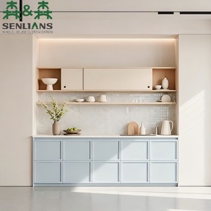 <span class=keywords><strong>Buffet</strong></span> moderne minimaliste avec crédence en mosaïque, portes coulissantes crème et étagères ouvertes - Product Image 1