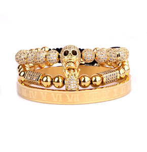 Роскошный золотой череп очарование с Pave CZ нержавеющая сталь макраме браслет набор JBS11090 модный браслет бусины - Product Image 1