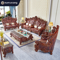 Europäisches Echtleder-Sofa-Set, Doppelseitig Geschnitztes Massivholz-Wohnzimmersofa Hochwertige Möbel für Häuser und Villen