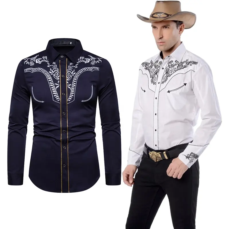 Camisa de ouro bordada masculina, camisa casual branca de cowboy com bordados, floral, ocidental, americana