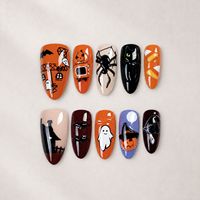 24/30 pièces Faux ongles à presser en ABS, forme amande, motif fantôme flottant 3D mignon d'Halloween, avec motif lune dorée exquis, pré-conçus pour les doigts