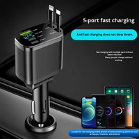 Pengisi Daya Mobil Kabel Retraktil 4 in 1 65W Pengisian Super Cepat dengan Layar Tampilan Tegangan untuk iPhone Samsung