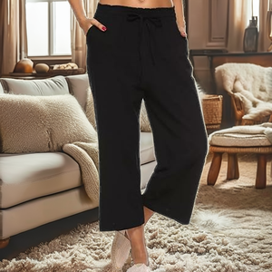 Pantalones de Mujer de Cintura Alta, Pierna Ancha, con Cordón, Largos hasta el Tobillo, Color Negro Sólido, Tejido de Algodón, Corte Holgado Informal, para Verano - Product Image 2