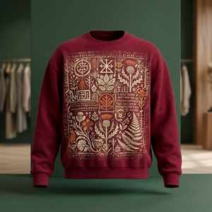 Men's Burgundy Crew Neck Pullover <b>Sweatshirt</b> <b>Vintage</b> Floral Rhinestone Front Print Regular Fit Knitted Cotton Casual Autumn Wear - Product Image 3