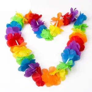 free sample rainbow color aritificial Hawaiian Lei, wholesale rainbow Hawaiian Lei necklace for cheering