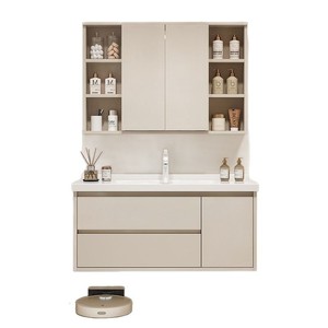 Mueble de Baño Color Crema con Espejo, Lavabo Integrado de Cerámica, Gabinete de Almacenamiento Inteligente para Baños Modernos - Product Image 4