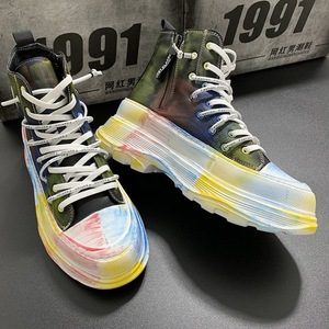 Men's New Trend High-Top Thick-Soled Microfiber Leather Ankle Boots Zipper-Up Lace-Up Heightening Casual <b>Shoes</b> - Product Image 3
