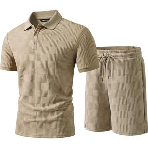 FOXA Mens Textured Polo Shirt And Drawstring Shorts <b>Set</b> Summer Breathable <b>Knitted</b> Outfit For Golf And Casual Wear - Product Image 1