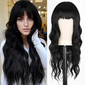 Curly Wavy Wave Long Hair Wig With Bangs Synthetic Fiber Natural Black Hair Glueless Full Machine None Lace Front Wigs For Women