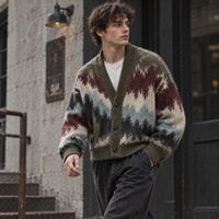Cardigan en maille brossée jacquard à blocs de couleur pour homme, col châle boutonné, manches longues, coupe ample, style streetwear, marque privée